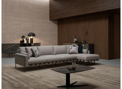 Woonkamer gestoffeerde textiel hoekbank L-vorm inrichting luxe designmeubelen