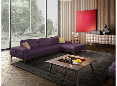Paarse hoekbank L-vormige woonkamer luxe salontafel inrichting nieuwe set meubels