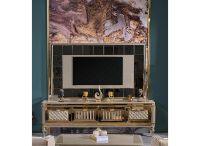 Muur naar de woonkamer tv-standaard TV-standaard in luxe premium design van roestvrij staal.