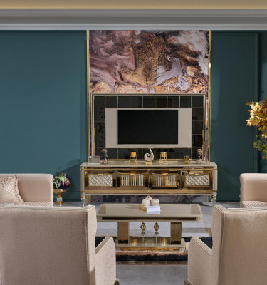 Muur naar de woonkamer tv-standaard TV-standaard in luxe premium design van roestvrij staal.