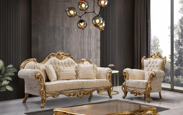 Chesterfieldbank en fauteuil in beige in hoogwaardig luxueus design