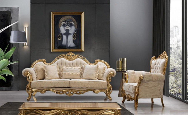 Chesterfieldbank en fauteuil in beige in hoogwaardig luxueus design