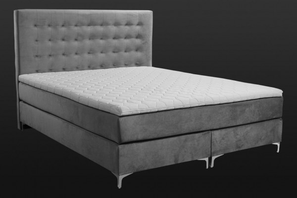 Grijze tweepersoonsbed, klassiek slaapkamer meubelontwerp. Elegante stof, nieuw.