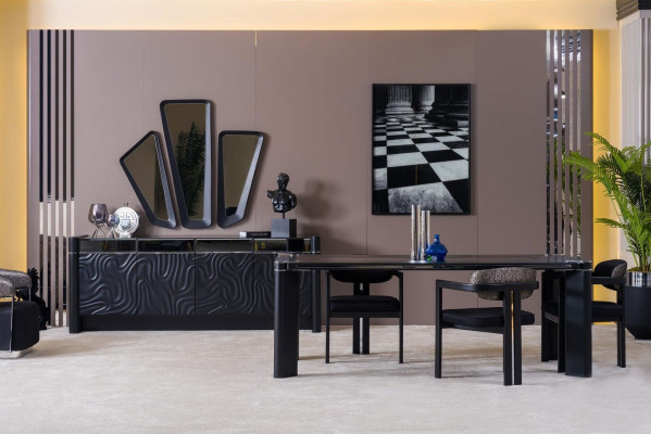 Zwart eetkamer set Eettafel 6x Stoel Dressoir 3x Spiegel Eetgroep Luxe