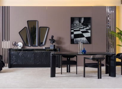 Zwart eetkamer set Eettafel 6x Stoel Dressoir 3x Spiegel Eetgroep Luxe