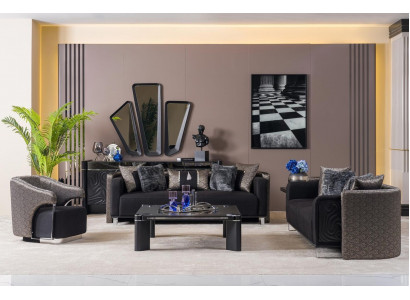 Bankstel 3+3+1 zitplaatsen, woonkamerset compleet textielbank fauteuil hout nieuw