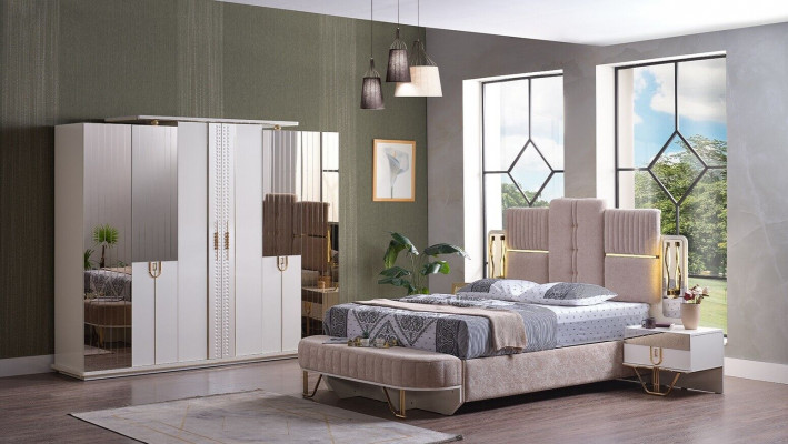 Luxe slaapkamerset van 5 delen. Bed, 2 nachtkastjes, kledingkast, bank. Modern.