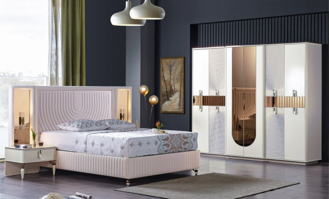 Luxe slaapkamer set: bed, 2 nachtkastjes, kast van hout. Compleet, modern en nieuw.