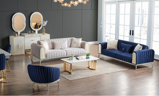Bankstel 3+3+1 zits woonkamerset compleet textiel bank fauteuil hout Blauw
