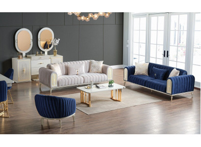 Bankstel 3+3+1 zits woonkamerset compleet textiel bank fauteuil hout Blauw