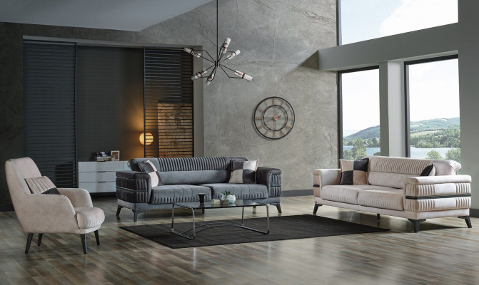 Bankstel 3+3+1 hout luxe woonkamer moderne stoffen nieuw compleet