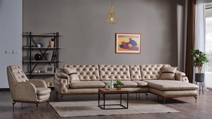 Luxe woonkamerset fauteuil hoekbank L-vorm modern Chesterfield compleet