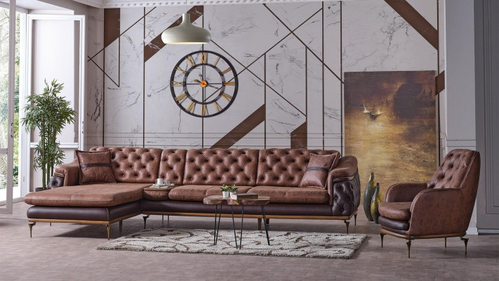 Hoekbank L-vorm Fauteuil Bruin Compleet Woonkamerset 2-delig Luxe Bruin