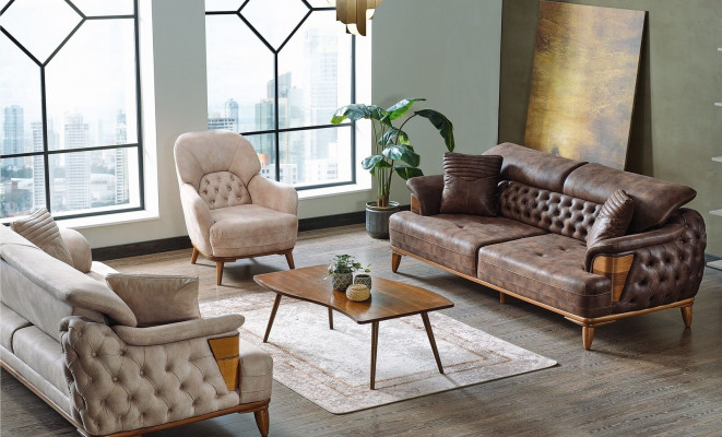 Bankstel 3+3+1 Hout Woonkamer Luxe Bank Chesterfield Stof Nieuw Compleet