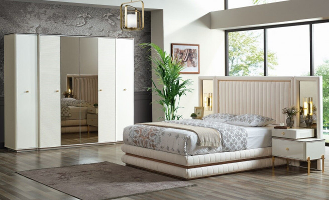 Slaapkamer set Bed 2x Nachtkastjes Kledingkast Design Meubels 4-delig Beige