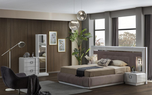 Modern slaapkamer set bed + 2 nachtkastjes + dressoir met spiegel Luxe Nieuw