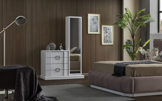 Modern slaapkamer set bed + 2 nachtkastjes + dressoir met spiegel Luxe Nieuw
