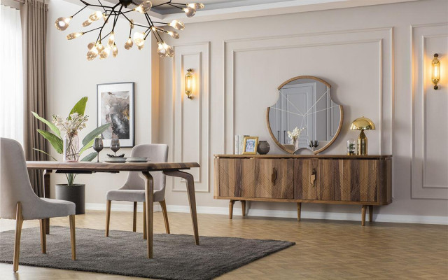 Eettafel + 6 stoelen + dressoir + spiegel eetkamerset eetgroep groepstafel