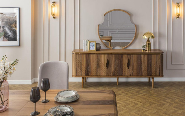 Eettafel + 6 stoelen + dressoir + spiegel eetkamerset eetgroep groepstafel