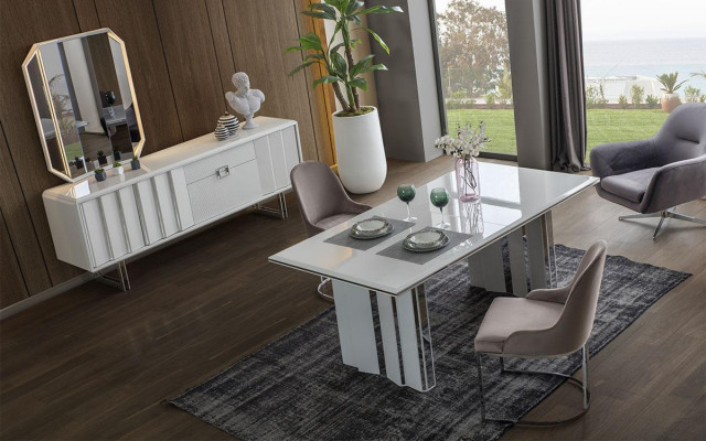 Luxe eetkamerset eettafel + 6x stoelen + dressoir met spiegel Modern Compleet