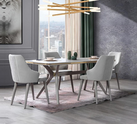 Moderne eettafel met 6 stoelen, ontworpen luxe eetkamermeubels houten eetgroep.