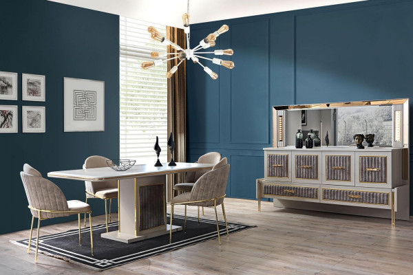 Luxe eetkamerset eettafel met 6 stoelen dressoir met spiegel 8-delige set meubelen