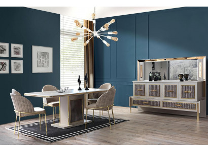 Luxe eetkamerset eettafel met 6 stoelen dressoir met spiegel 8-delige set meubelen
