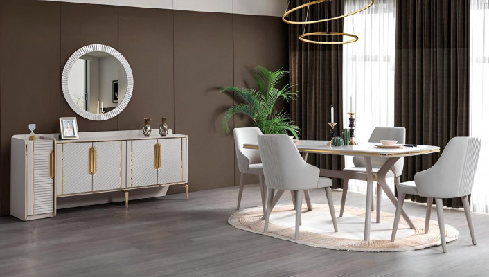 Tafel 6x stoelen dressoir met spiegel 8-delige eetkamerset meubels