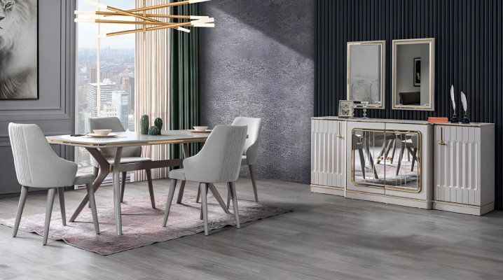Eetkamer set met dressoir, 2 spiegels, tafel en 6 stoelen - 10-delig.