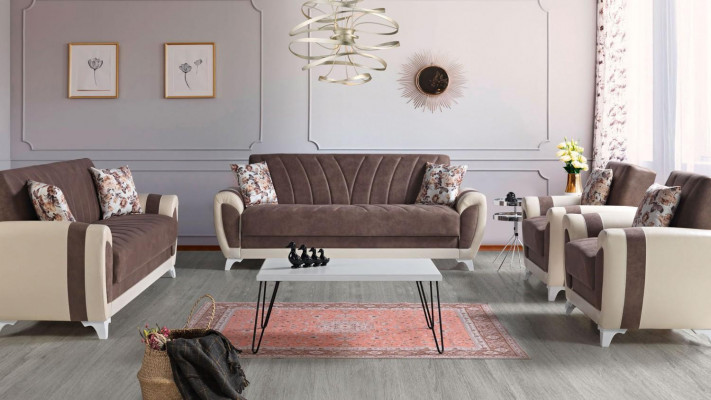 Slaapbank Sofa set 3+2+1+1 Zits Textielbank Fauteuil Complete set Bruin