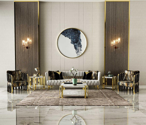Exclusieve roestvrijstalen bankstel 3-zitsbank x2 fauteuils Elegant meubilair Designerbanken