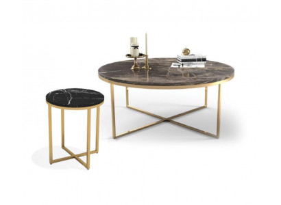 Luxe ronde salontafel met bijzettafel ontwerper roestvrijstalen tafelset