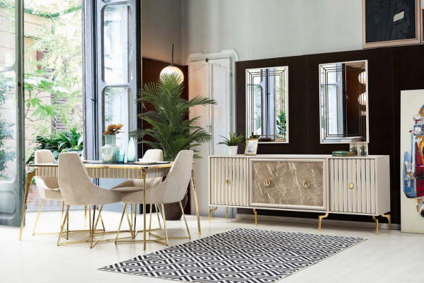 Stijlvolle eetkamerset luxeset ontwerptafel met 6 stoelen.