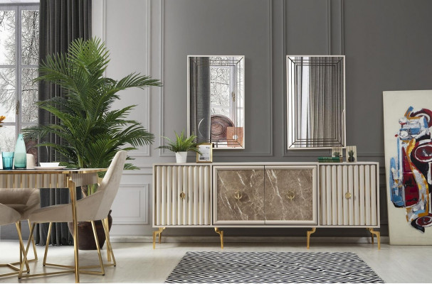 Luxe eetkamer meubels Eettafel 6x stoelen Dressoir Spiegel 10-delige Nieuw