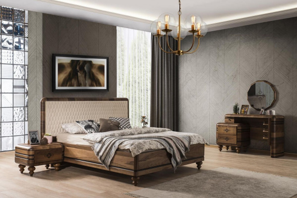 Klassieke slaapkamer set Luxe bruin bed Nachtkastjes Kaptafel