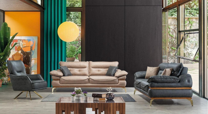 Modern design grijze woonkamer met 3-zitsbank en nieuwe fauteuil