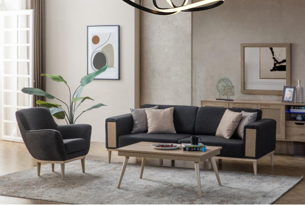 Grijze woonkamerset luxe driezits gestoffeerde fauteuil stijl textiel meubels