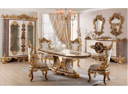 Gouden klassieke eetkamer set eettafel 6x stoelen dressoir spiegel