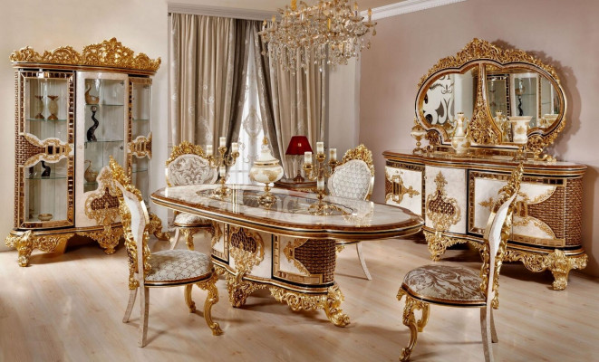 Luxe eetkamerset wit-goud Eettafel 4x stoelen Dressoir 6-delige meubels