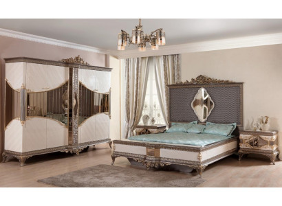 Wit-gouden slaapkamerset tweepersoonsbed 2x nachtkastjes kast set bed
