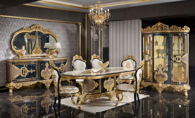 Stijlvolle zwart-gouden eetkamerset luxe dressoir eettafel.