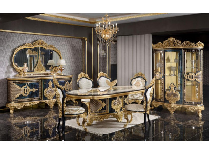 Stijlvolle zwart-gouden eetkamerset luxe dressoir eettafel.