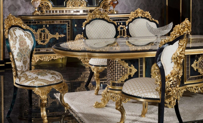 Stijlvolle zwart-gouden eetkamerset luxe dressoir eettafel.