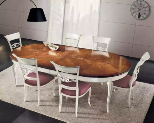 Klassieke eettafel tafel hout eetkamerset 4x stoelen set wit