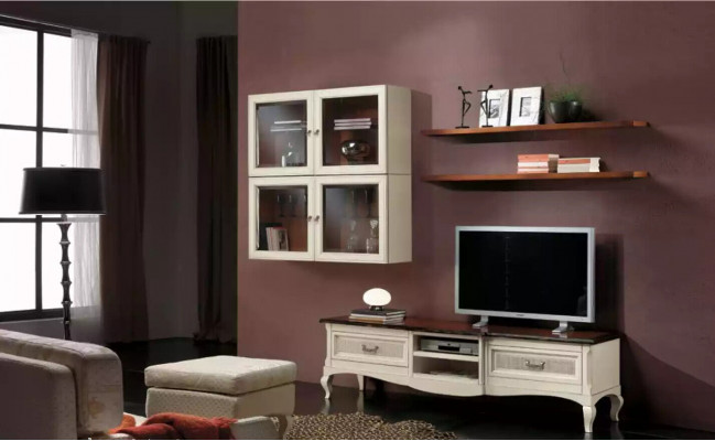 Lowboard tv-wandkasten woonkamer hout meubel wandplank set 7-delig.