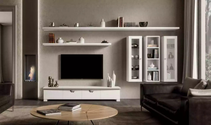 Woonkamer Lowboard Woonwand Houten Kast Design Wit Modern Set 6-delig.