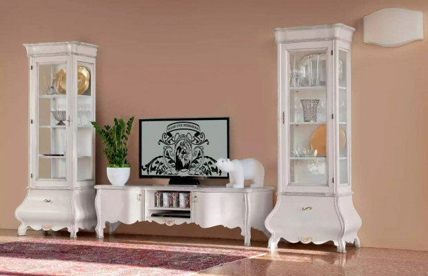 Witte luxe woonkamer wandmeubels 2x vitrines TV-standaard Klassiek.