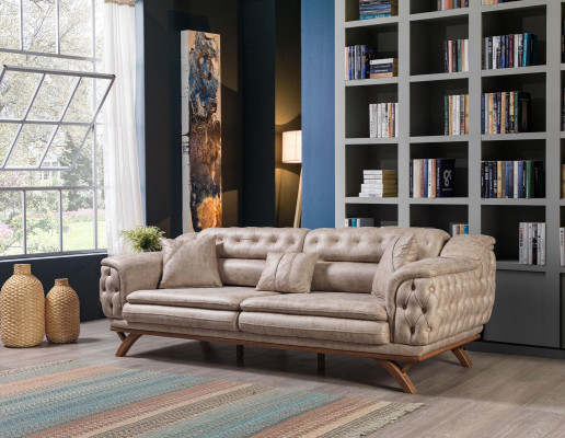 Chesterfield 3-zits Beige Design Banken Gestoffeerde Bankstellen Textiel Bank