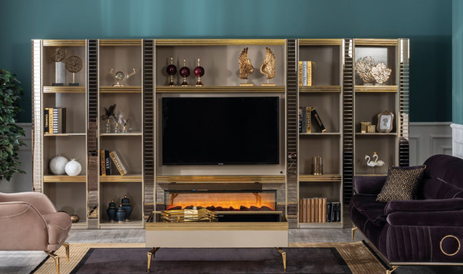 Woonkamer muur houten luxe set nieuwe stijl modern luxueus beige