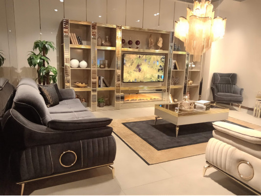 Woonkamer muur houten luxe set nieuwe stijl modern luxueus beige